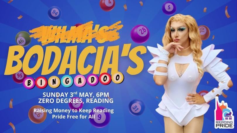A drag queen and various bingo balls in the background