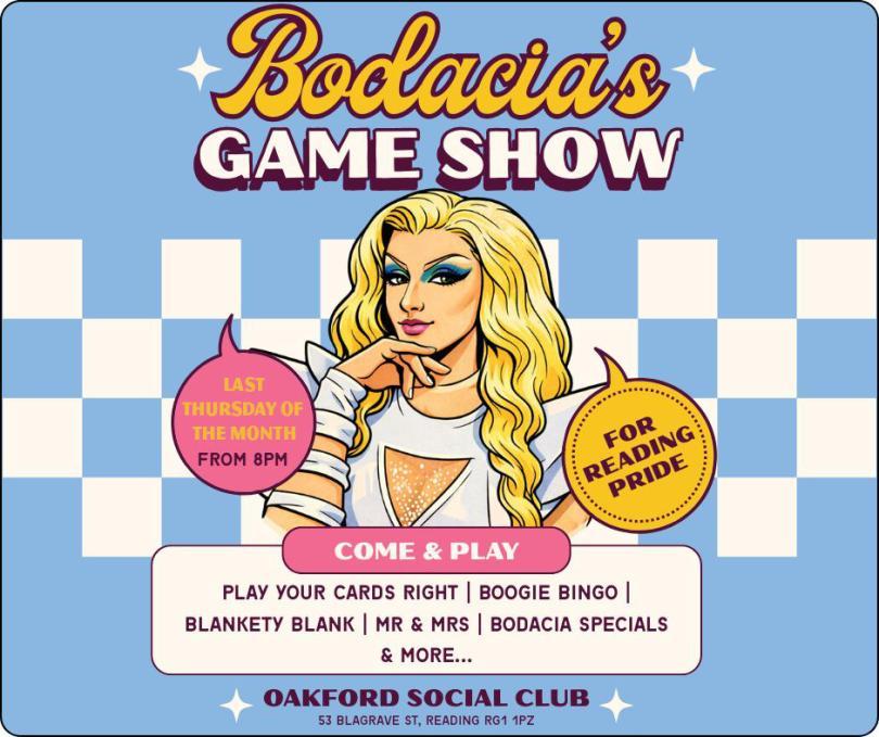 Poster with cartoon image of drag queen under the banner "Bodacia's Game show"