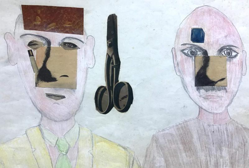 collage of two men's faces made from drawings and cut up photos