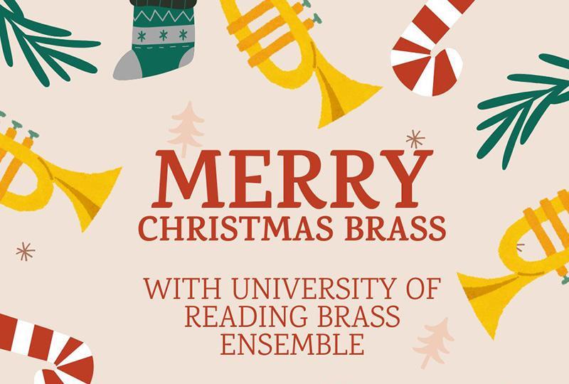 "Merry Christmas Brass" surrounded by artwork of trumpets, stockings and bits of Christmas tree