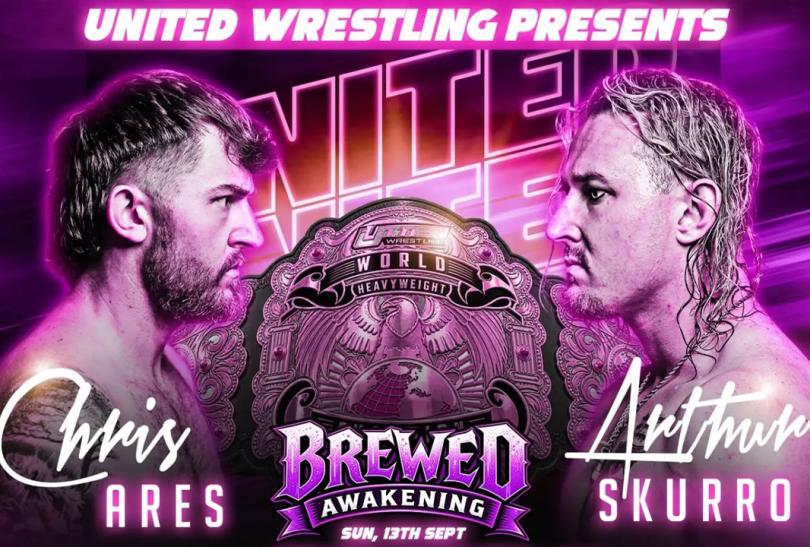 poster with two wrestlers - Chris Ares and Arthur Skurro - facing each other, with the title belt set between them