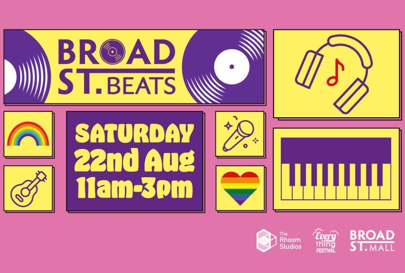 Broad Street Beats banner with multiple icons showing records, headphones, musical instruments and rainbows