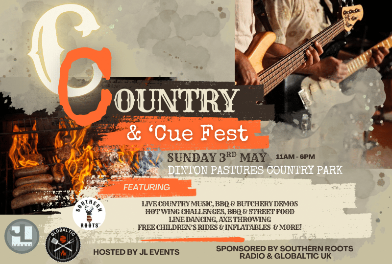Poster for Country & ‘Cue Fest with images of musicians on stage and sausages on a barbecue