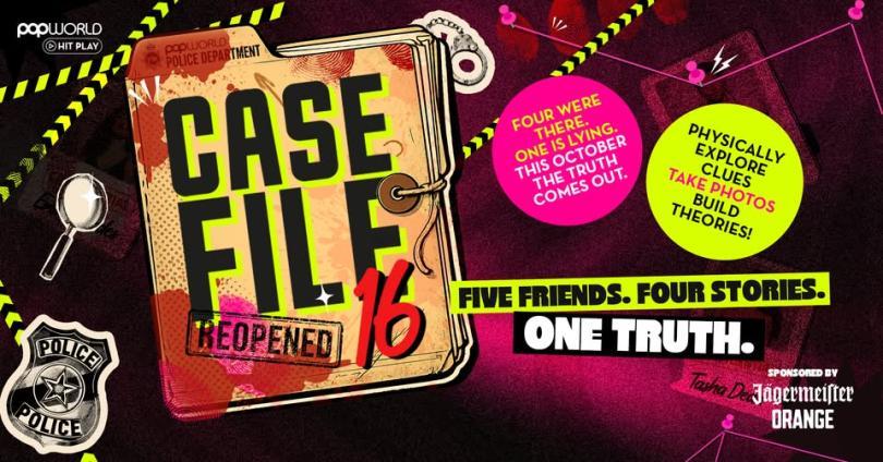 Event poster with an image of a bloody case file and info about the event