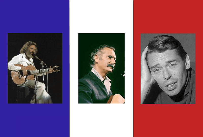 Photos of singers Georges Moustaki, Georges Brassens and Jacques Brel over the French flag