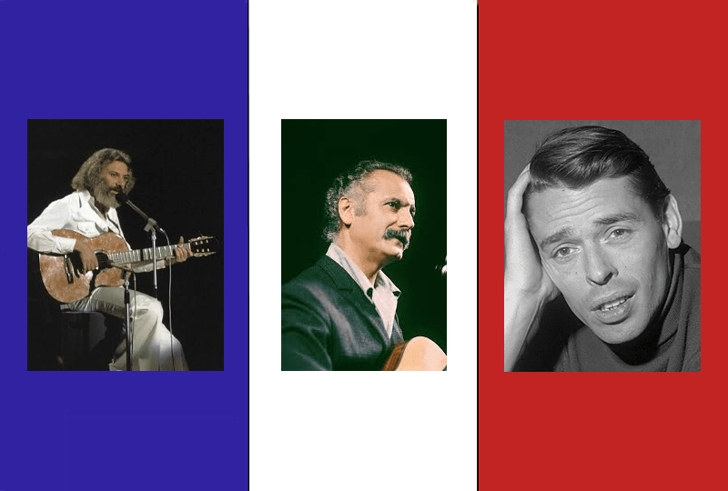 Photos of singers Georges Moustaki, Georges Brassens and Jacques Brel over the French flag