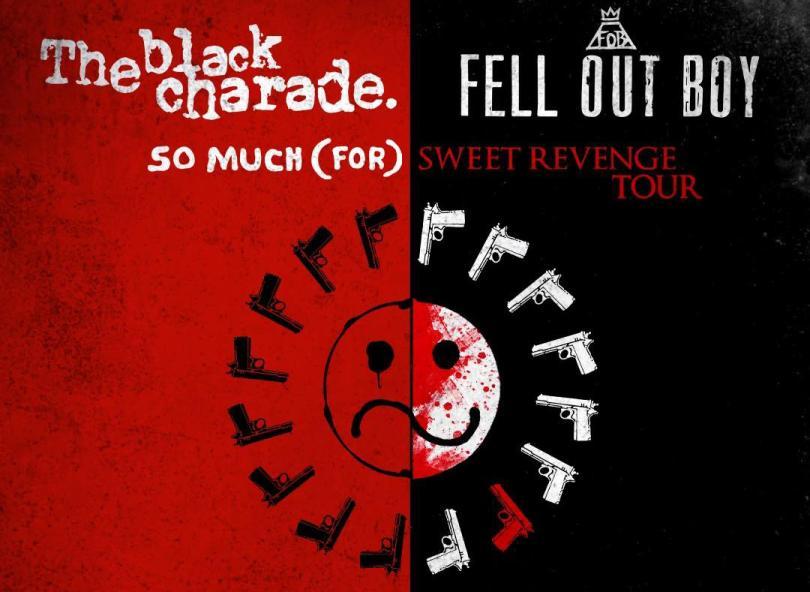 image split in half, red on one side, black on the other with the names of the two bands on either side