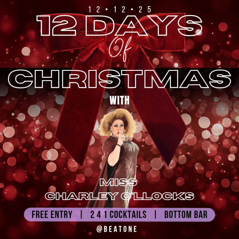 Drag queen Miss Charley O'llocks in front of a sparkly Christmas background