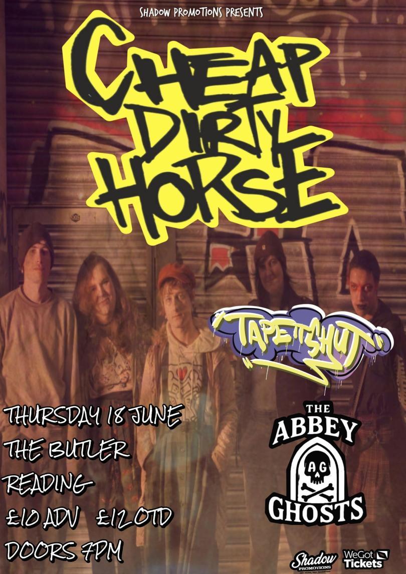 Photo of the ban Cheap Dirty Horse plus the logos of the bands performing