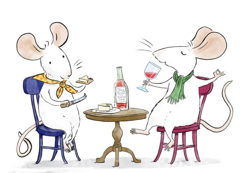 Two white fancy mice sit at a bistro table sipping wine and eating cheese