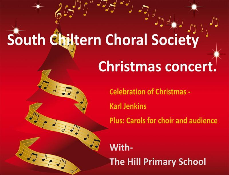 Poster for South Chiltern Choral Society 2025 Christmas Concert with an image of a red Christmas tree wrapped in musical notes