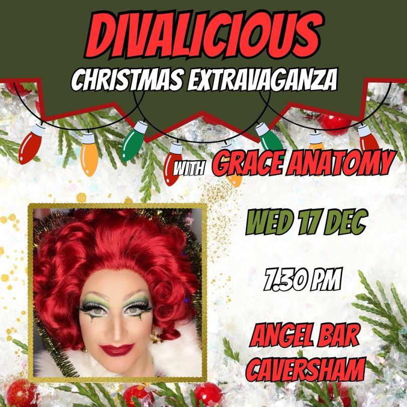 Poster for Divalicious Christmas Extravaganza with a photo of drag artiste Grace Anatomy in Christmas-themed make-up