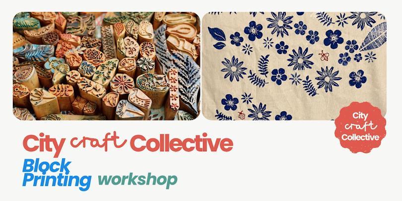 Event poster with two photos of block-printed textiles
