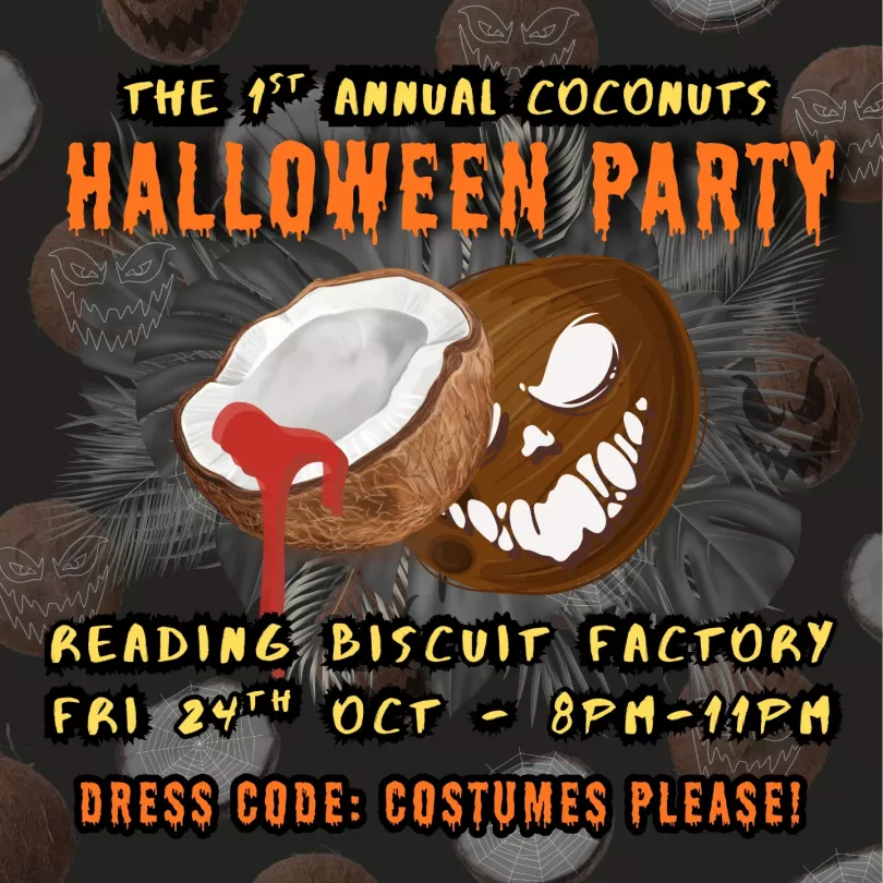 Poster for 1st Annual Coconuts Halloween Party with a coconut varved like a pumpkin