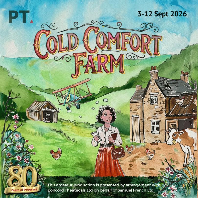 Painted poster artwork with a young woman in front of a farm and fields of green