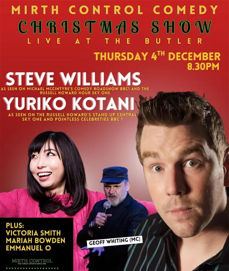 Poster for Comedy At The Butler with headshots of comedians Steve Williams and Yuriko Kotani