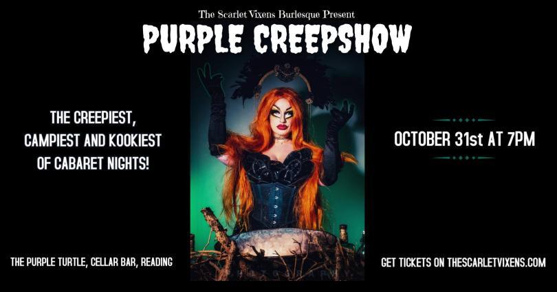 Event poster with an image of a burlesque performer in a witch-inspired outfit with elaborate make-up