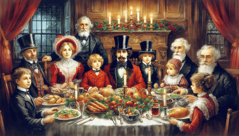 A Victorian family seated at the Christmas table