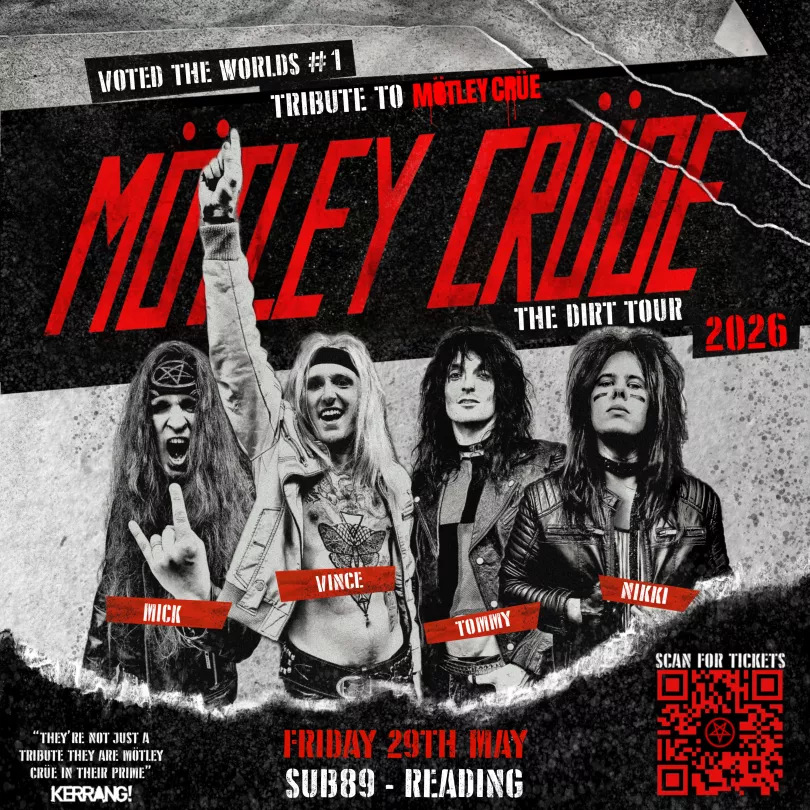 Event poster with the Mötley Crüde logo and the band members, all dressed like their counterparts in Mötley Crüe