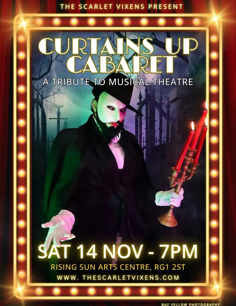 Event poster with a performer dressed as the Phantom of the Opera with the famous white mask, with the poster design inspired by the lightbulb-bordered theatrical mirror