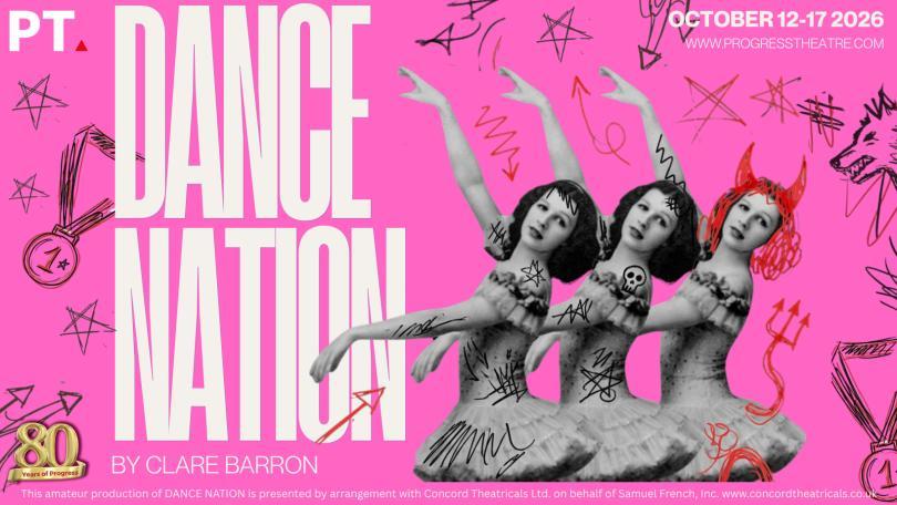 Event poster with monochrome photos of female dancers over a bright pink background