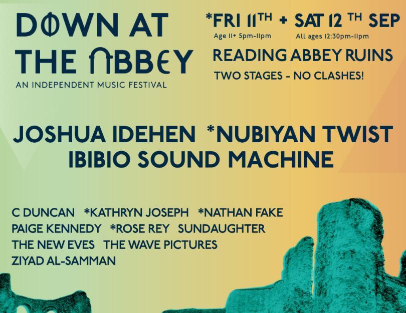 Down At The Abbey event poster with logo, list of artists and green monochrome image of Reading Abbey ruins