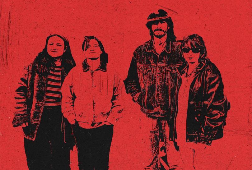 Red and black monochrome image of a band