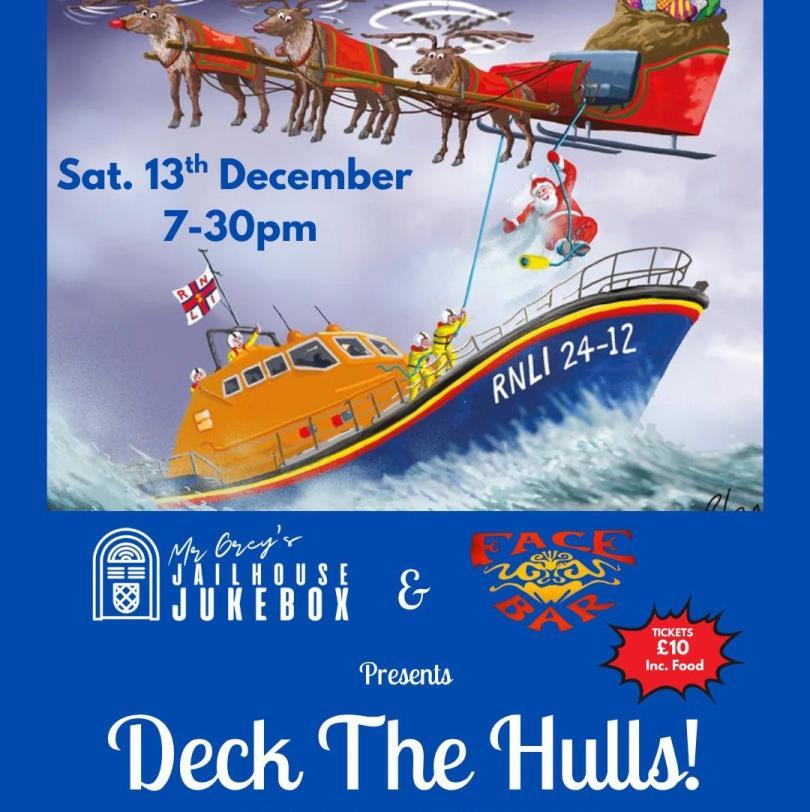 Santa and his sleigh flying over an RNLI lifeboat