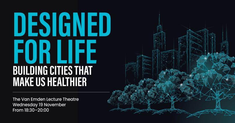 "Designed for life" in blue text next to wireframe images of buildings and trees