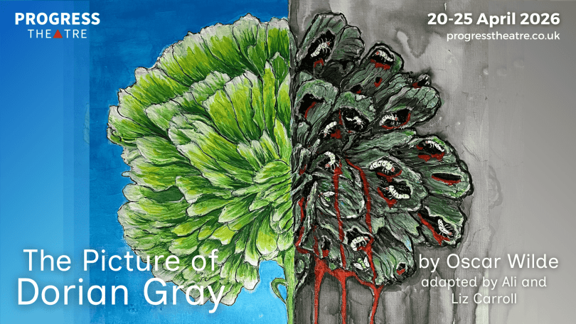 poster for the Picture of Dorian Gray with a tree spilt into two halves, one side green and ulsh, the other greying and decaying