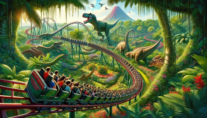 Dino Island artwork featuring a dinosaur theme park