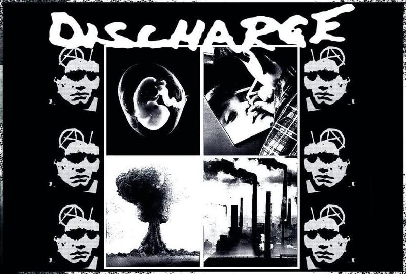 Poster for Discharge 2026 tour with the band logo and high-contrast monochrome images of factories
