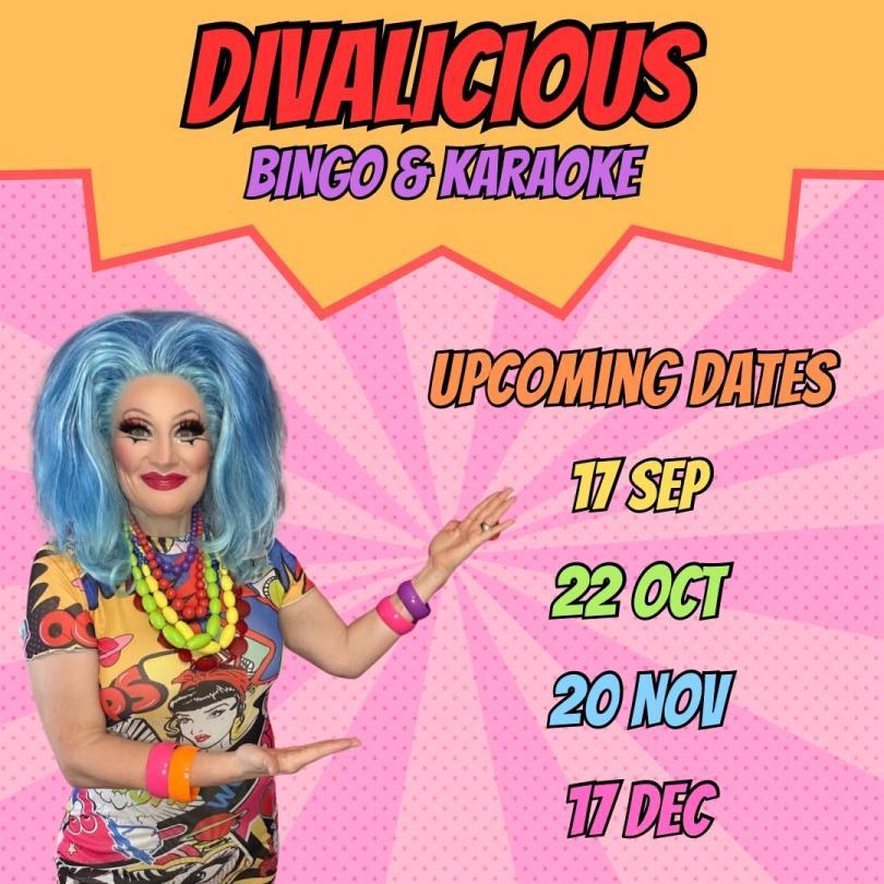 Poster for Divalicious Bingo & Karaoke with photo of drag queen Grace Anatomy