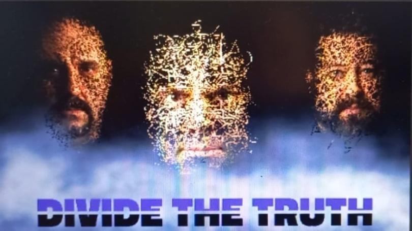 Three heads floating above a cloud of smoke with the Divide the Truth logo in front