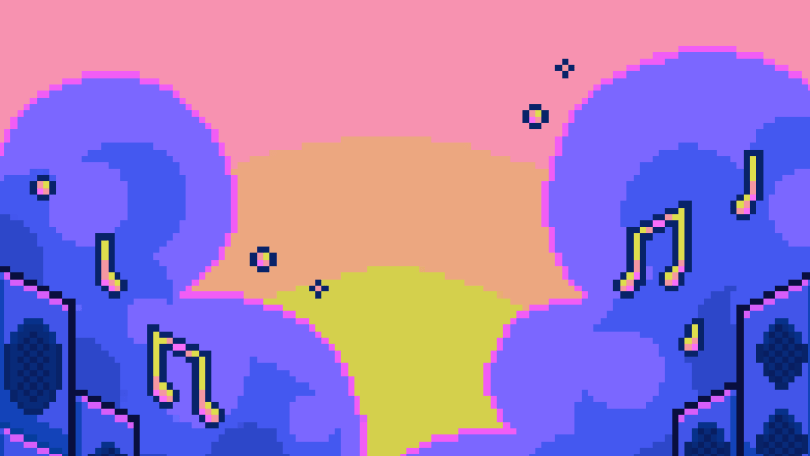 8-bit style graphic of speakers and music notes