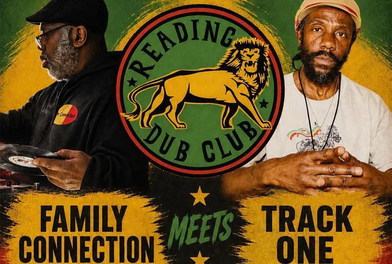 AI generated poster with the Reading Dub Club log and photos of two middle-aged black men