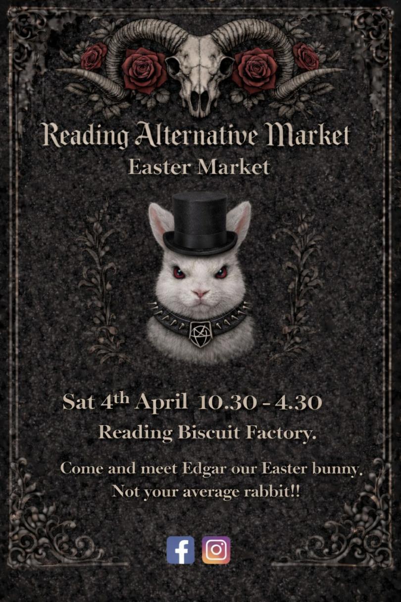 Poster for Reading Alternative Market at Reading Biscuit Factory featuring the RAM logo and AI art of a rabbit with a stud collar