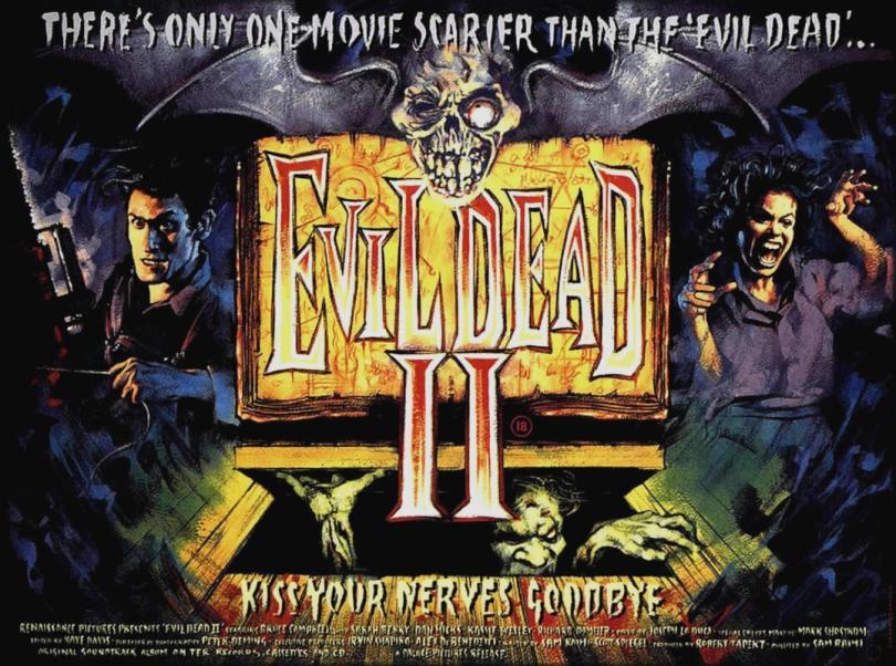 Evil Dead II UK Quad poster featuring the logo in gold and painted images of a man with a chainsaw for a hand and a woman possessed by demons