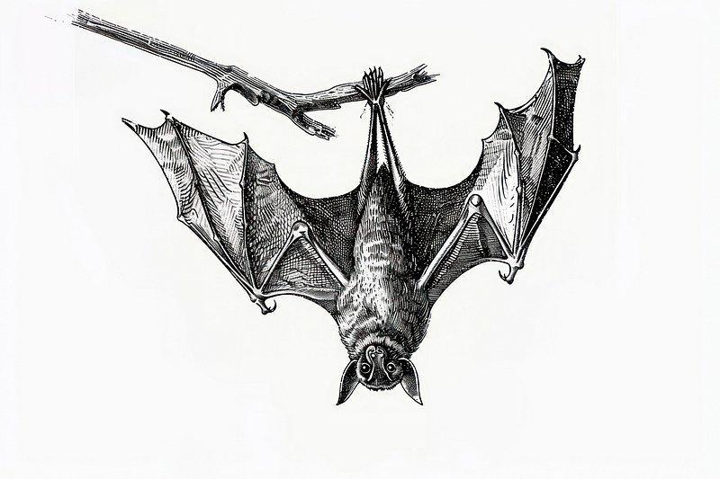 Black and white image of a bat hanging upside down.