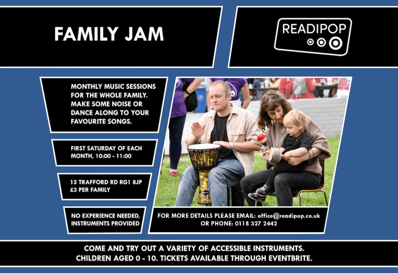 Image of family playing drums together with text containing information as seen below