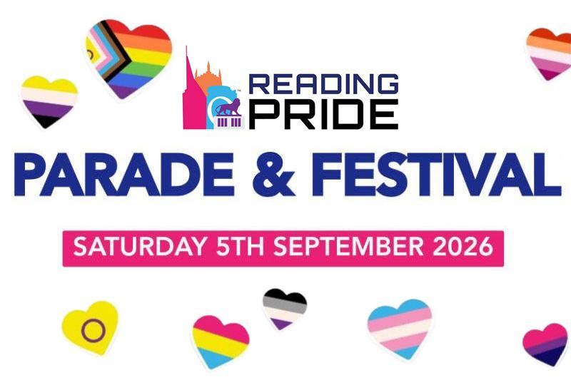 Reading Pride logo and the words "Parade & Festival", surrounded by hearts in the colours of the various pride flags