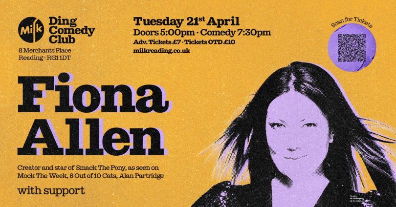 Poster for The Ding Comedy Club at Milk Bar Reading with a high contrast image of comedian Fiona Allen