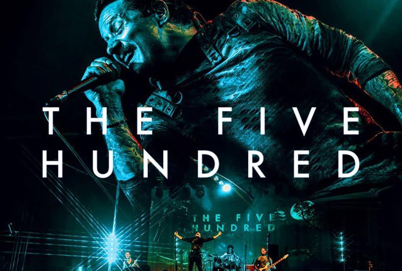 Event poster with a large phooto of the singer from The Five Hundred looming over a smaller photo of the band on stage