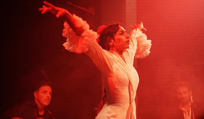 Female flamenco dancer on stage, bathed in red light