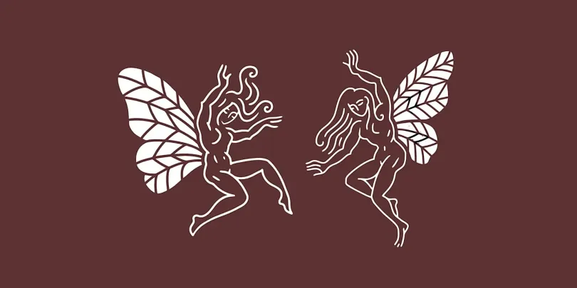 Artwork of fairies against a red-brown background