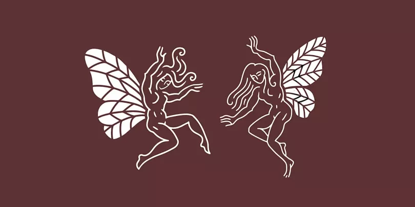 Artwork of fairies against a red-brown background