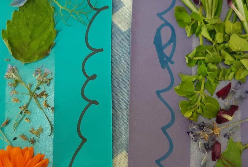 Collage artowrk made with paper and bits of plants
