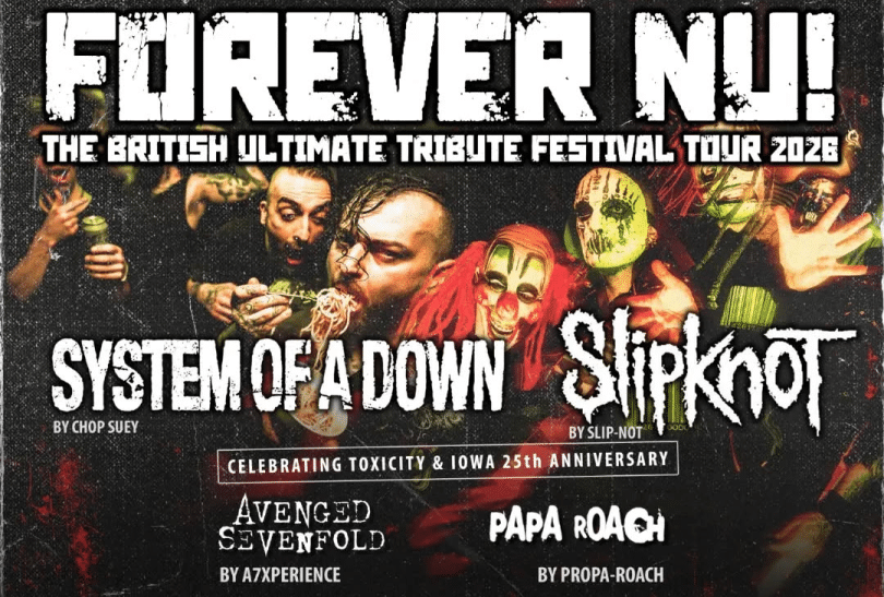 Poster with headshots of band members and band logos