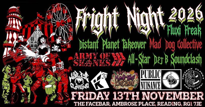 Event psoter with lots of band logos and freaky funfair illustrations