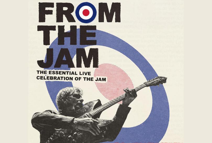 Poster with a man holding a Rickenbacker guitar like a rifle under the band's logo